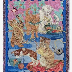 Geweven katoenen plaid Katten en kittens opvang Blauw met meerdere kleuren (MarlĆØne Madou)